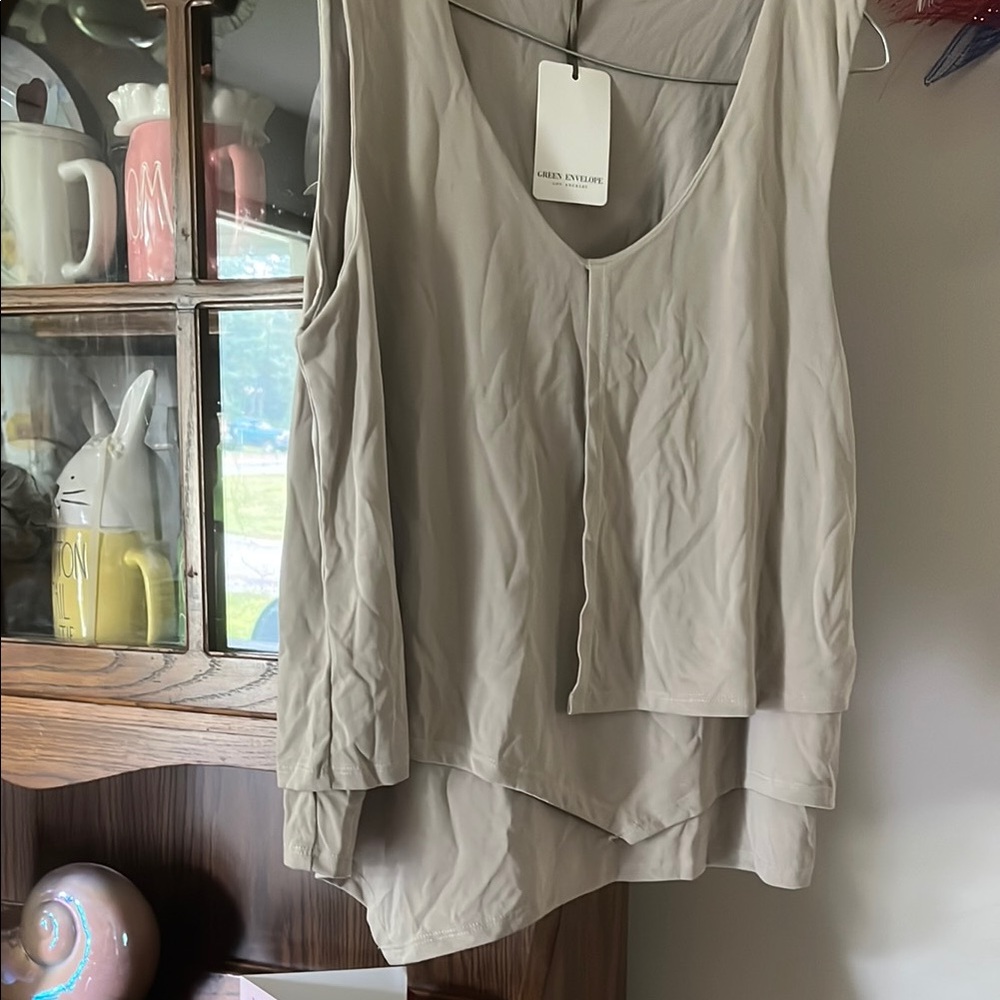 Green Envelope Cream Asymmetrical Sleeveless Tank Top